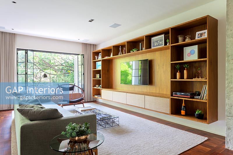Contemporary living room with shelving unit 