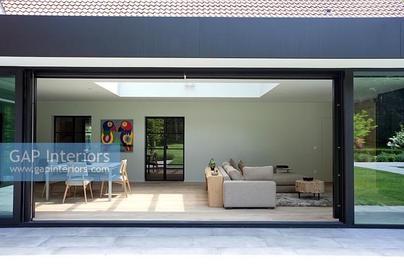Modern living room with sliding glass doors