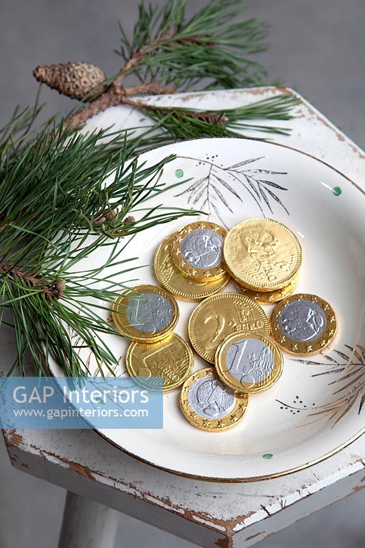 Close up coins on a plate