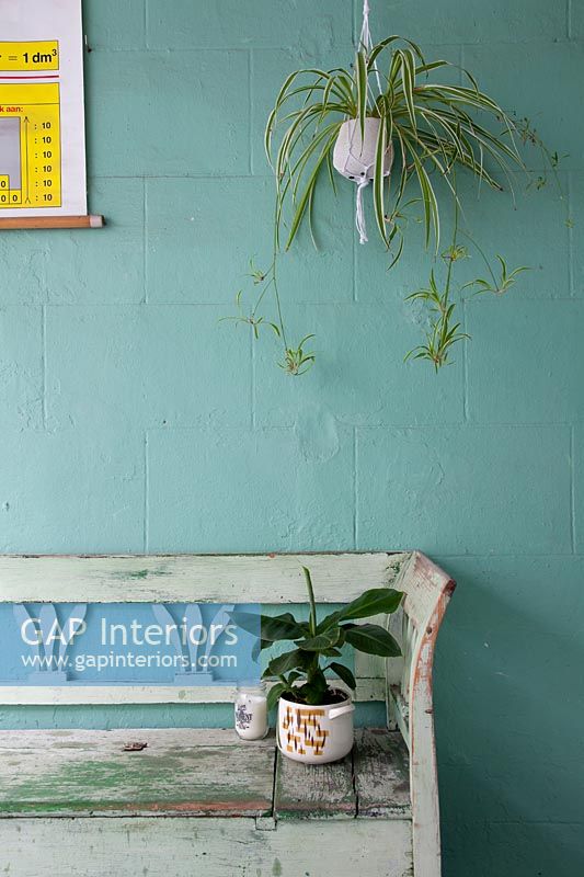 Distressed painted bench and blue wall on covered terrace 