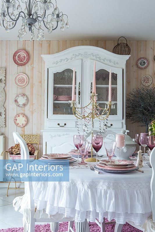 Pink and white country dining room 