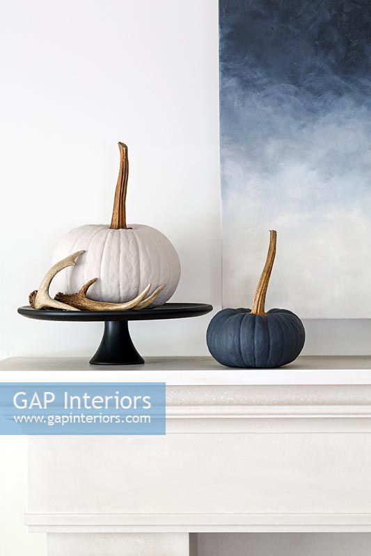 Modern country autumnal display with pumpkins and antlers 