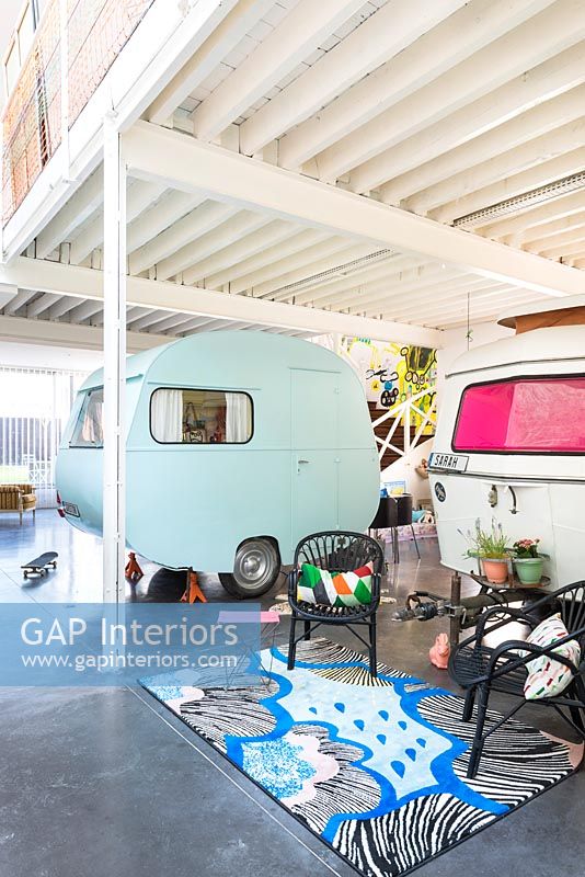 Painted vintage caravans inside industrial home - childrens room 