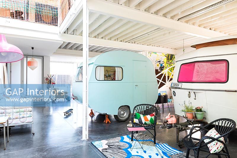 Vintage caravans inside industrial house - childrens room