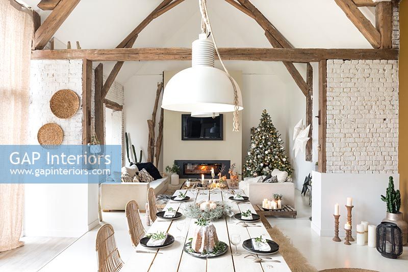 Open plan living space decorated for Christmas 