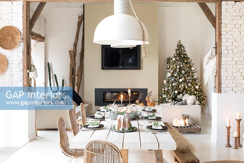 Modern country open plan living and dining space at Christmas 