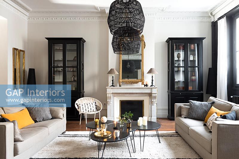 Monochrome modern furniture in living room with period details 