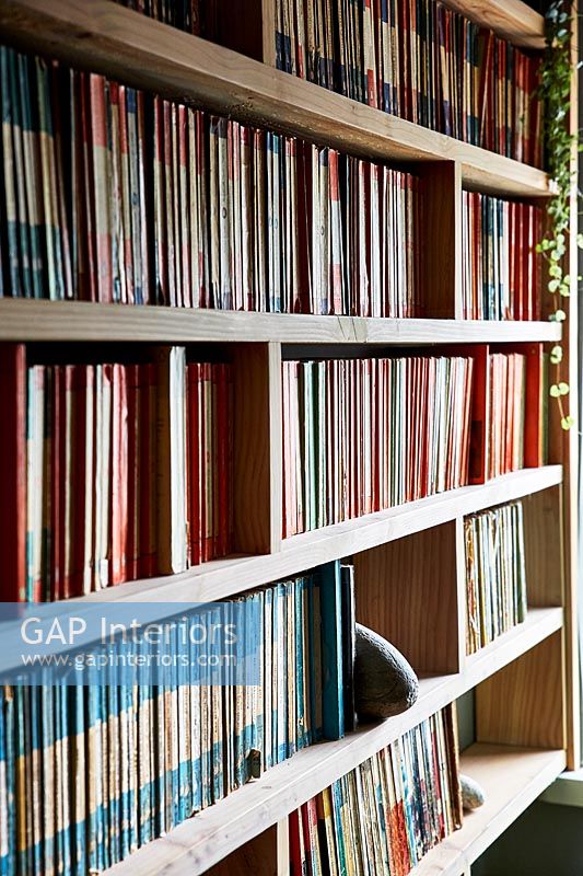 Large bookcase with collection of colour filed books 