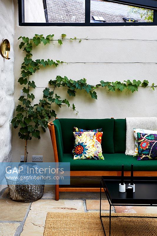 Green sofa in modern conservatory 