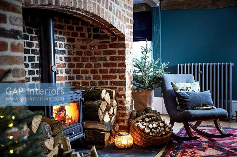 Brick fireplace with wood burning stove