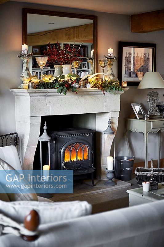 Modern fireplace decorated for Christmas 
