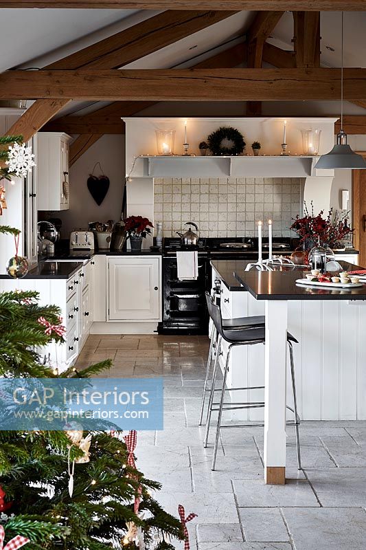 Modern kitchen decorated for Christmas 