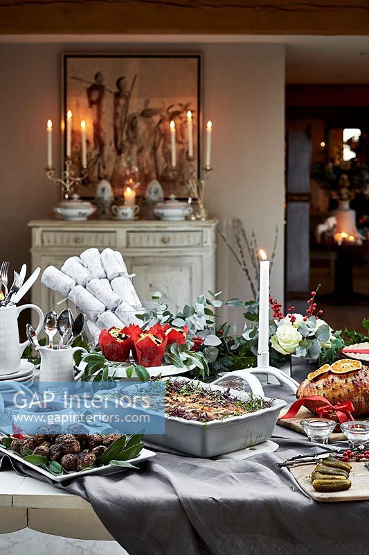 Christmas party food on table in country dining room 