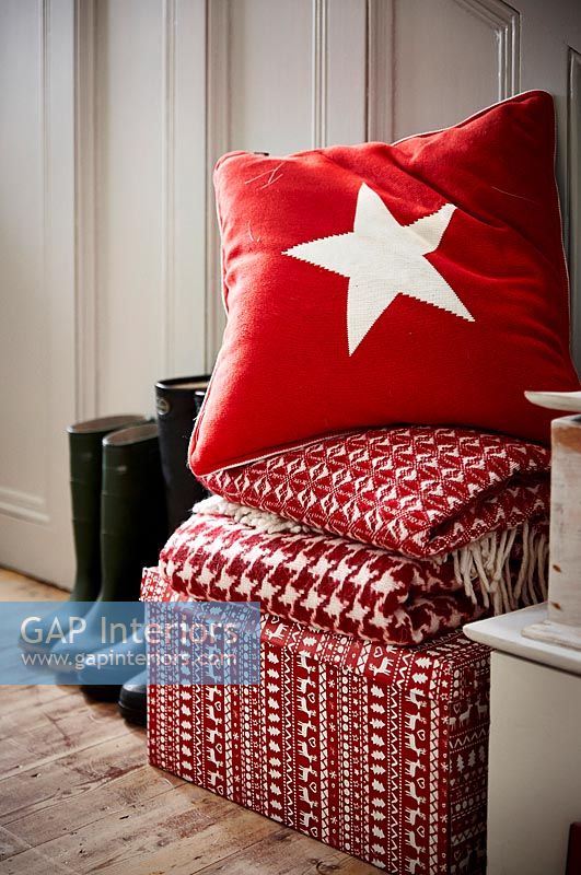 Red and white soft furnishings 