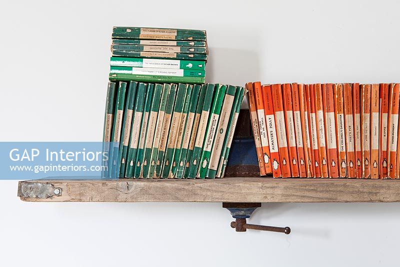 Collection of Penguin paperback books on wooden shelf 