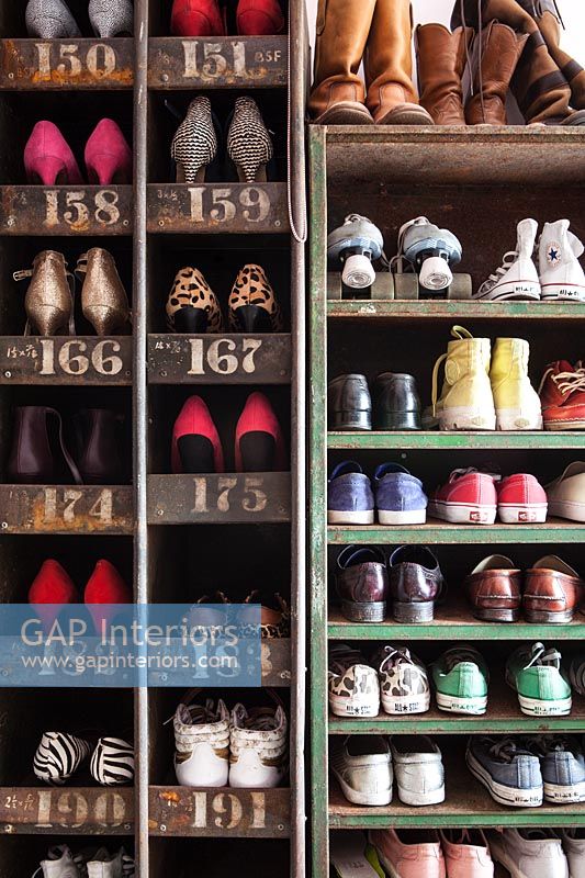 Vintage shelves filled with shoes 