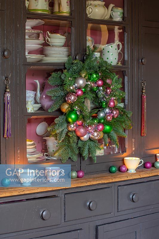 Kitchen dresser decorated for Christmas 