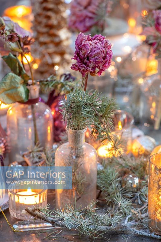 Dried flowers and sprigs of pine in vintage glass bottles on Christmas table 