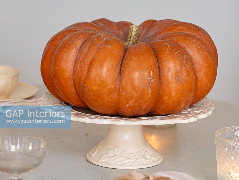 Decorative orange pumpkin on vintage white ceramic cake stand 