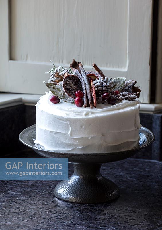 Christmas cake on pewter cake stand 