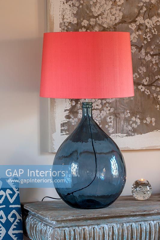 Blue glass lamp with apricot lampshade 