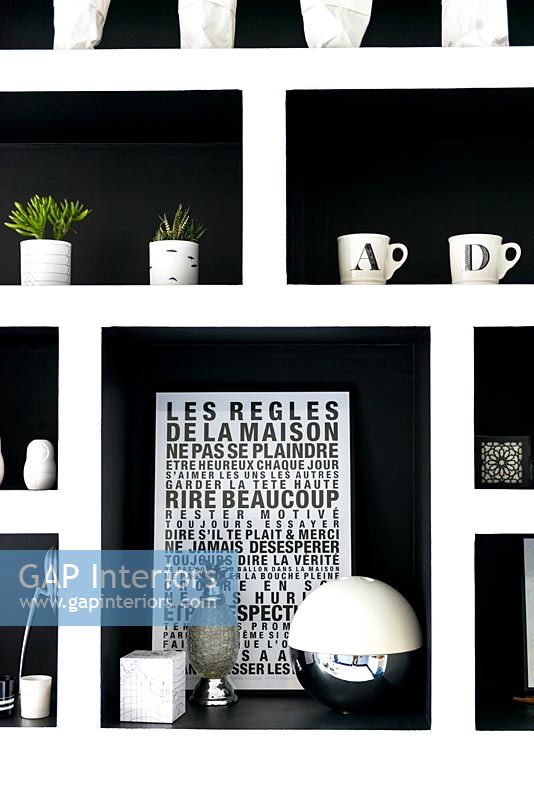 Modern black and white shelving unit with monochrome pictures and ceramics 
