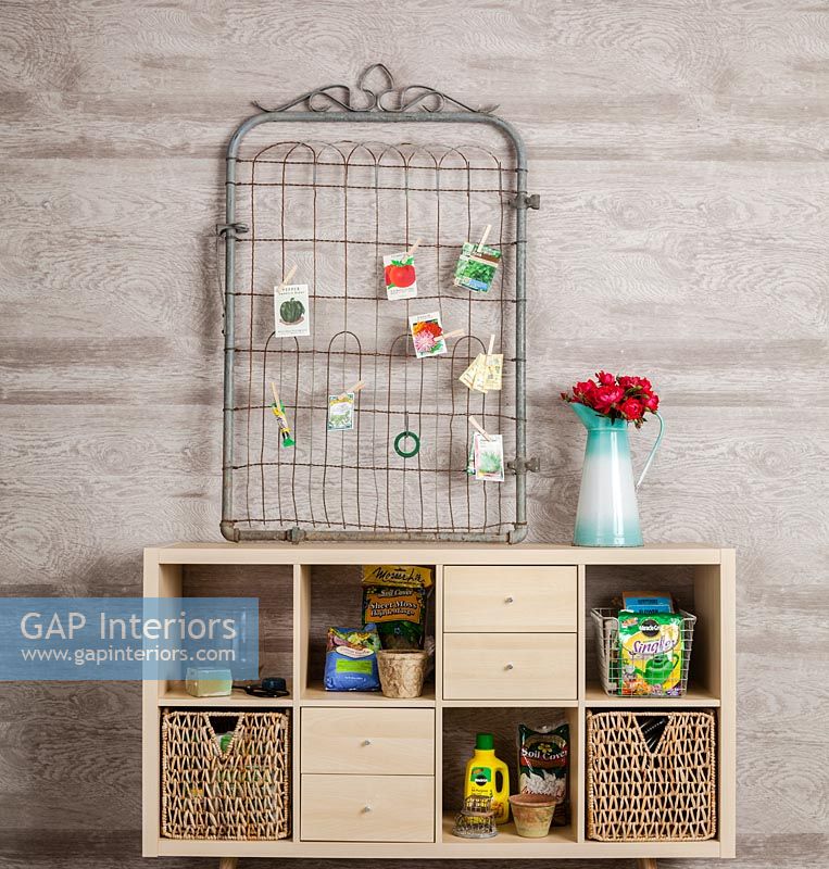 Shelving unit and decorative frame for gardening accessories 