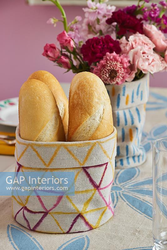 Decorative fabric bread basket, vase cover and tablecloth 