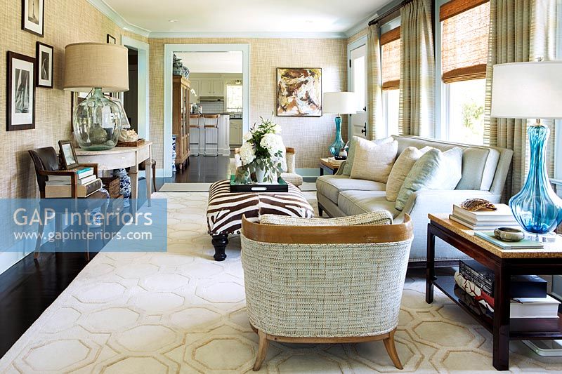 Classic living room with zebra print ottoman