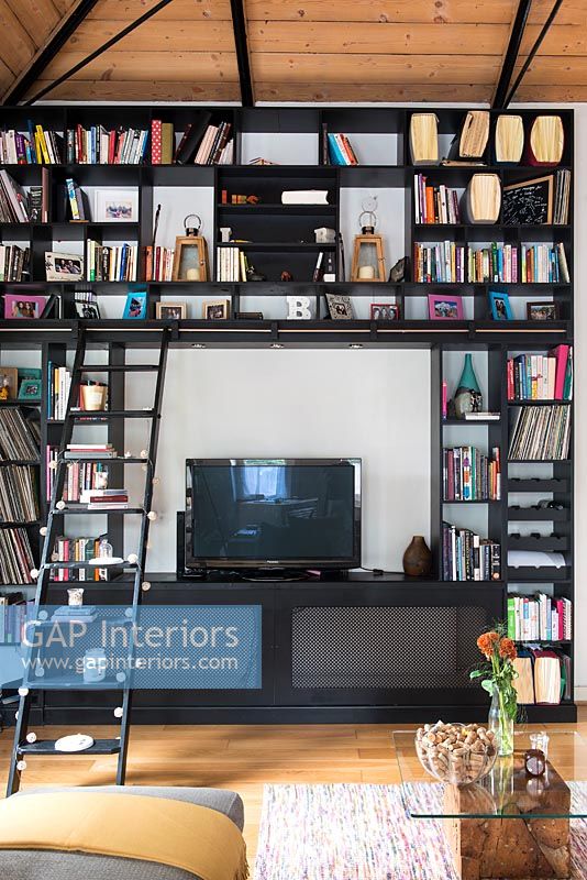 Black shelf unit and television in modern living room 