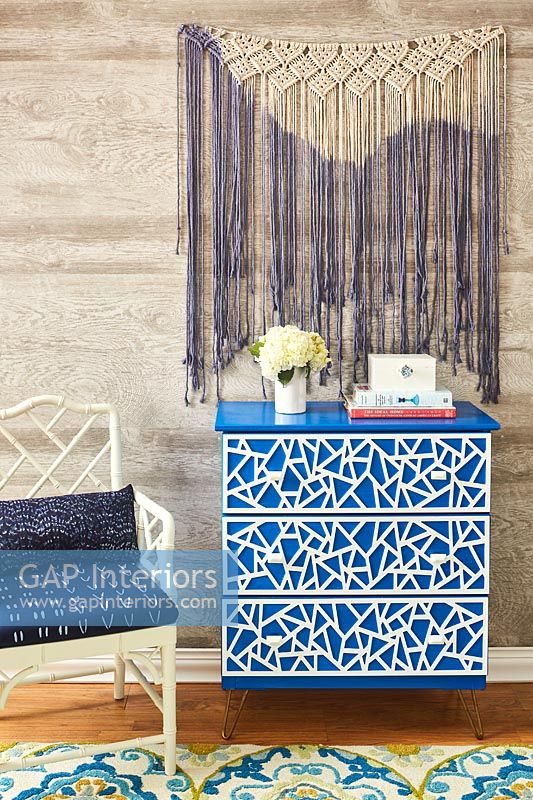 Blue and white patterned chest of drawers