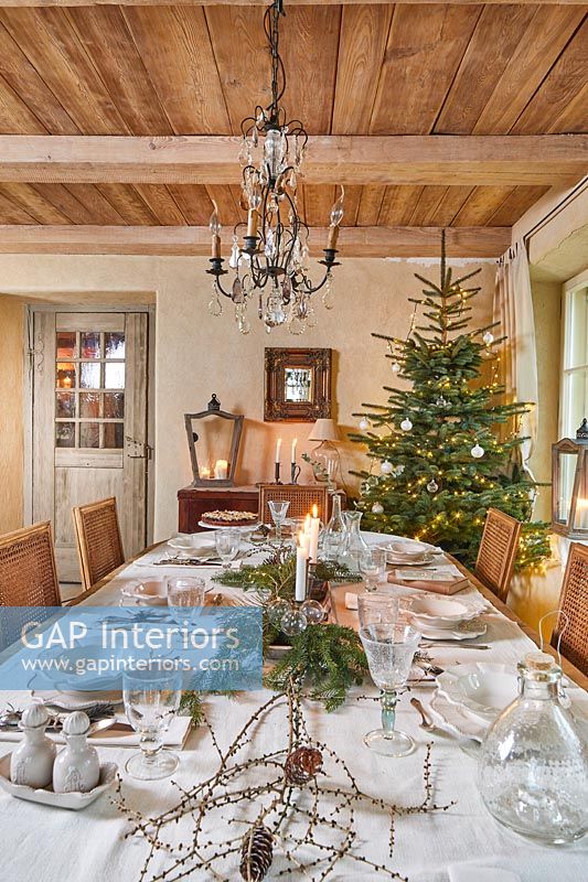 Country dining room set for Christmas dinner 