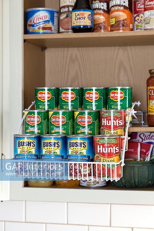 Kitchen cupboard with display of tinned food 