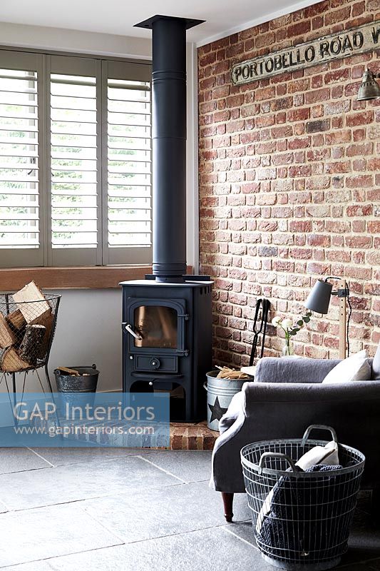 Country living room with log burner 