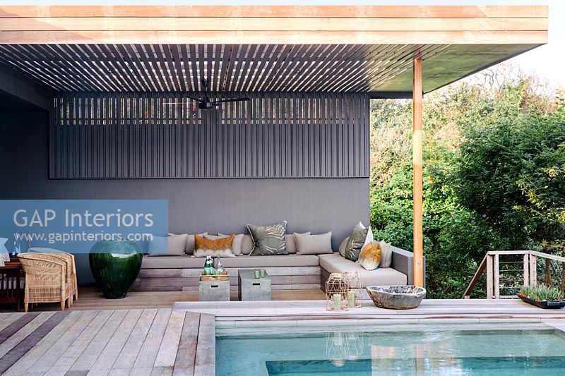 Modern seating area by swimming pool 