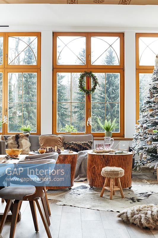 Country dining and living room decorated for Christmas 