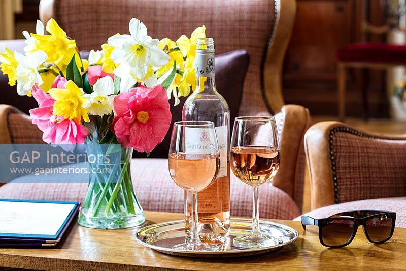 Rose wine in luxurious lounge room