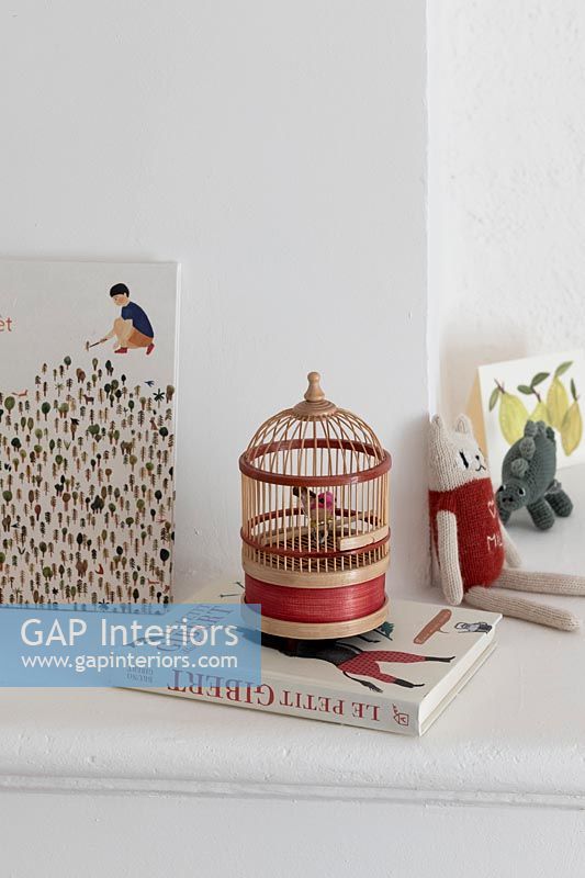 Toy bird cage and book in childrens room 