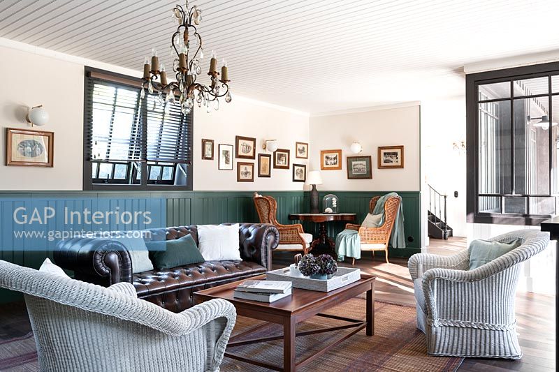 Painted wooden paneling in classic living room 