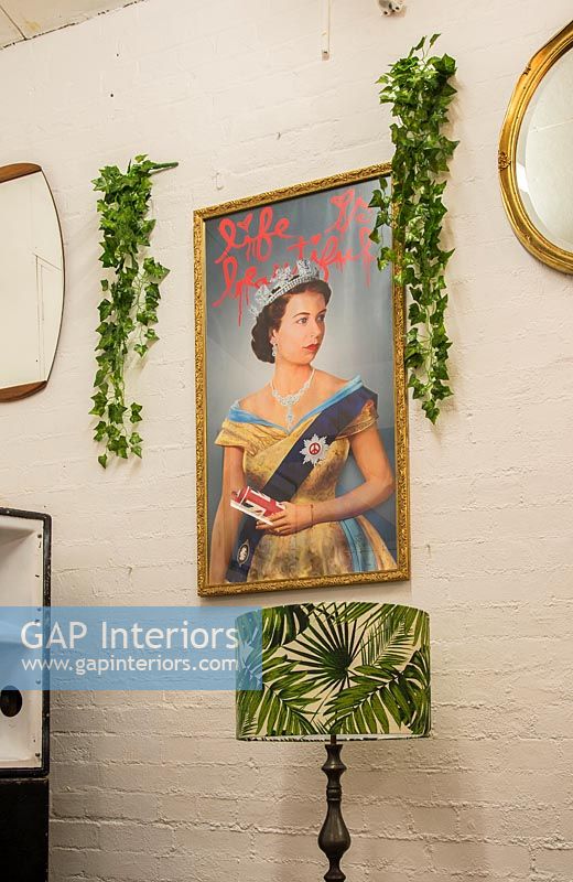Colourful painting of the Queen and houseplants 