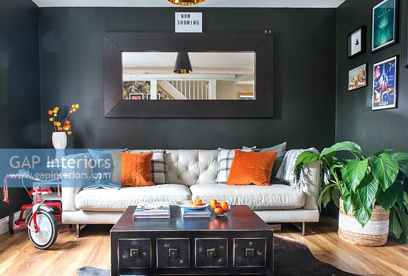 Modern living room with black painted walls 