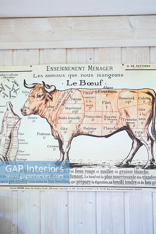 Poster on kitchen wall showing cuts of beef from a cow 