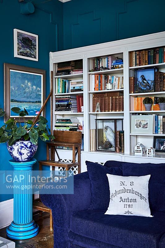 Classic blue living room bookcase 