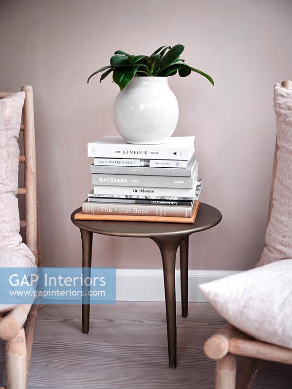 Houseplant and pile of books on side table 