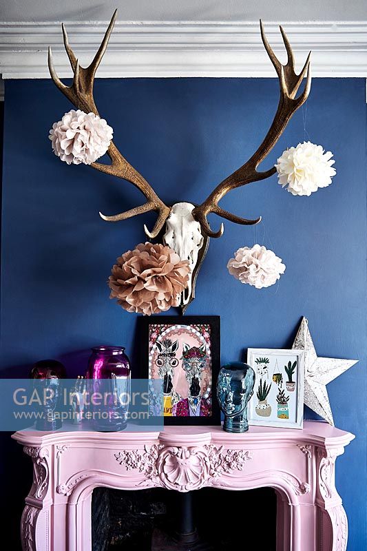Large stag skull and antlers above pink mantelpiece 