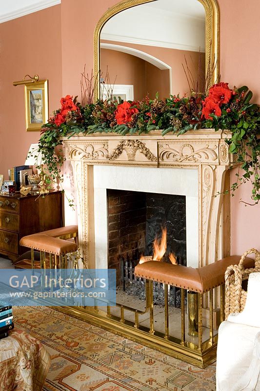 Classic open fire decorated for Christmas 