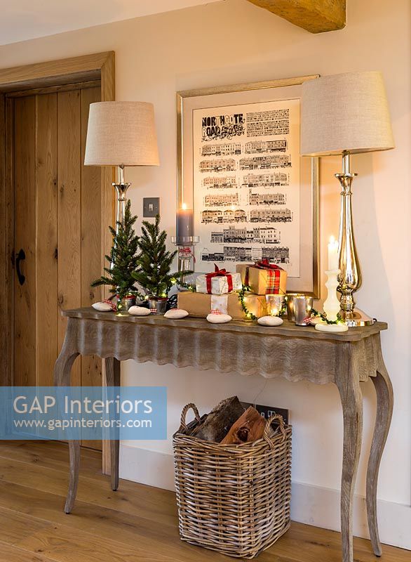 Country console table decorated for Christmas 