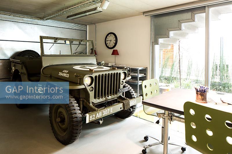 Military vehicle in dining room 