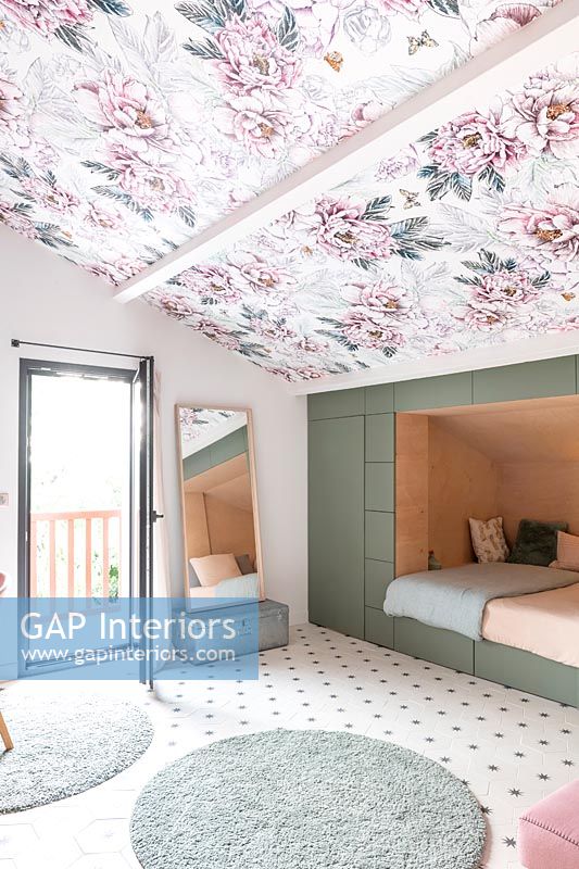 Floral ceiling panels in contemporary childrens bedroom 