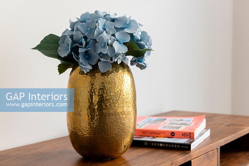 Cut blue hydrangea flower in gold vase 